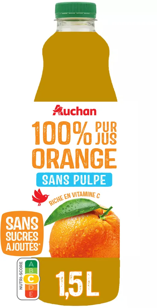 100% Pur jus Orangesans pulpeRiche en vitamines CSans sucres ajoutés** Comme tous les jus de fruits. Contient les sucres naturellement présents dans les fruits.