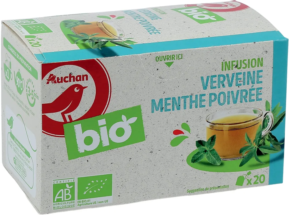 AUCHAN BIO Infusion Verveine et menthe poivrée biologique