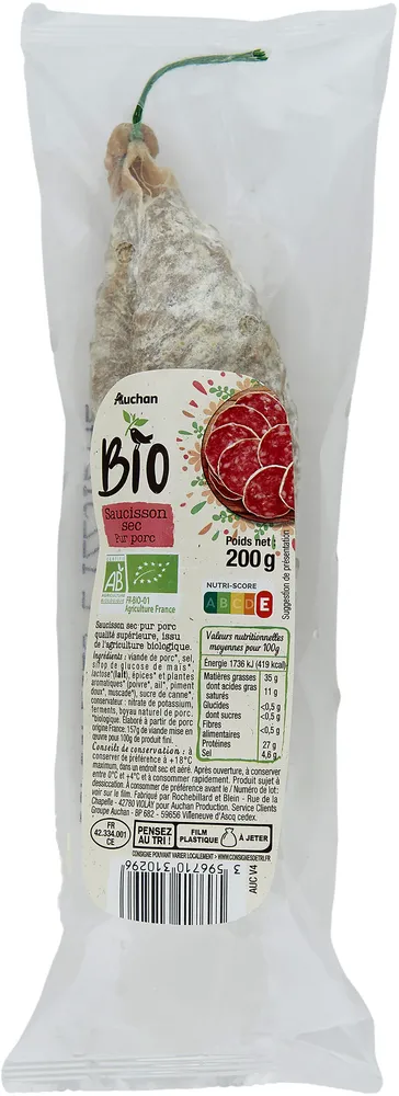 Saucisson sec pur porc issu de l'agriculture biologique
