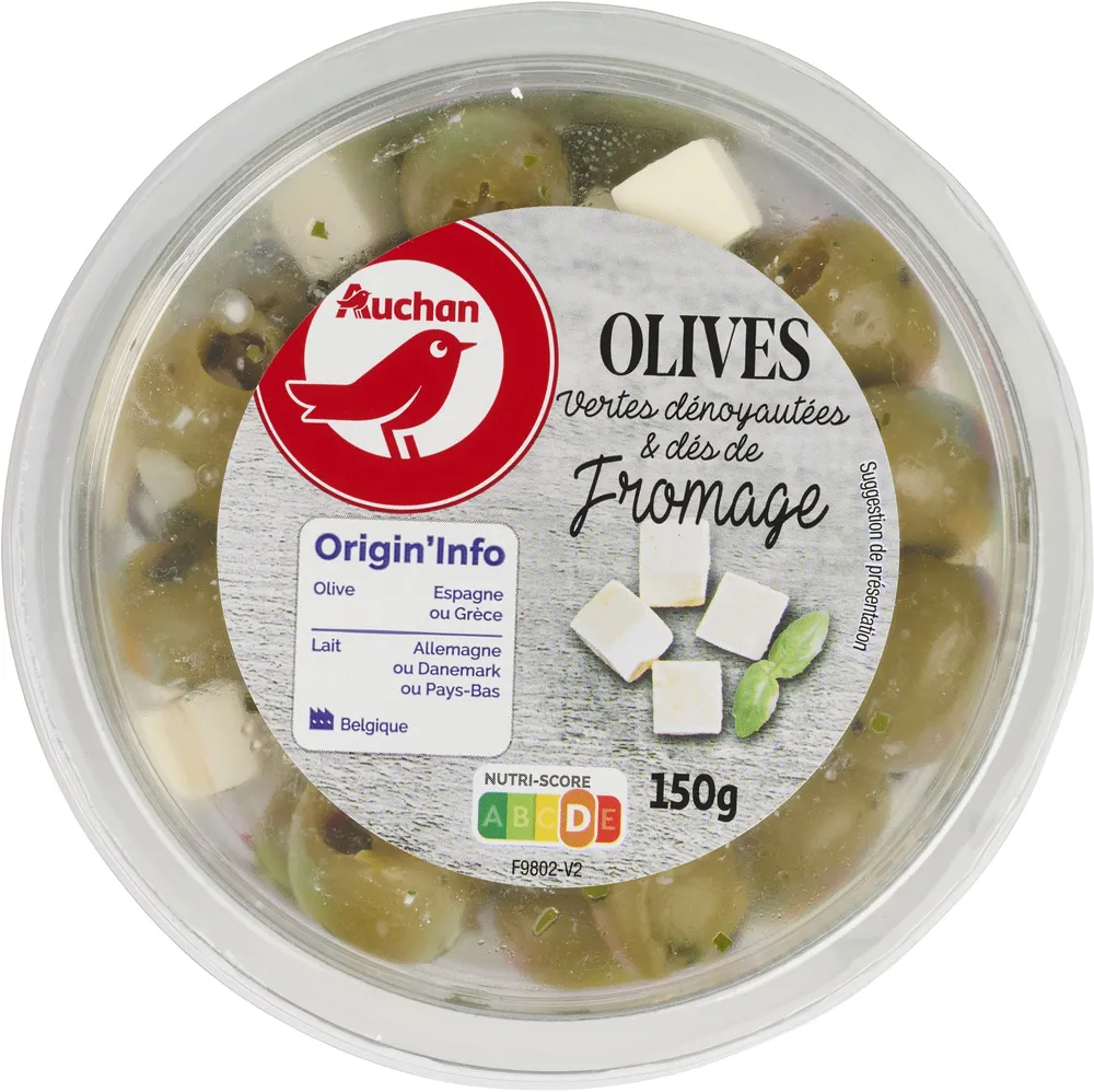 Olives vertes dénoyautées et dés de fromage