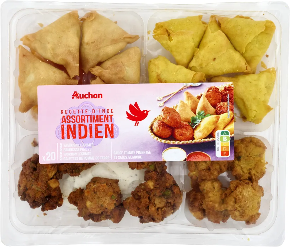 Recette d'indeassortimentindienx205 samossas legumes5 samossas poulet5 pakoras legumes5 galettes de pomme de terresauce tomate pimentee et sauce blanche
