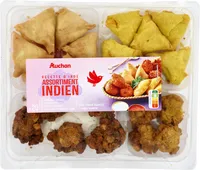 Recette d'indeassortimentindienx205 samossas legumes5 samossas poulet5 pakoras legumes5 galettes de pomme de terresauce tomate pimentee et sauce blanche