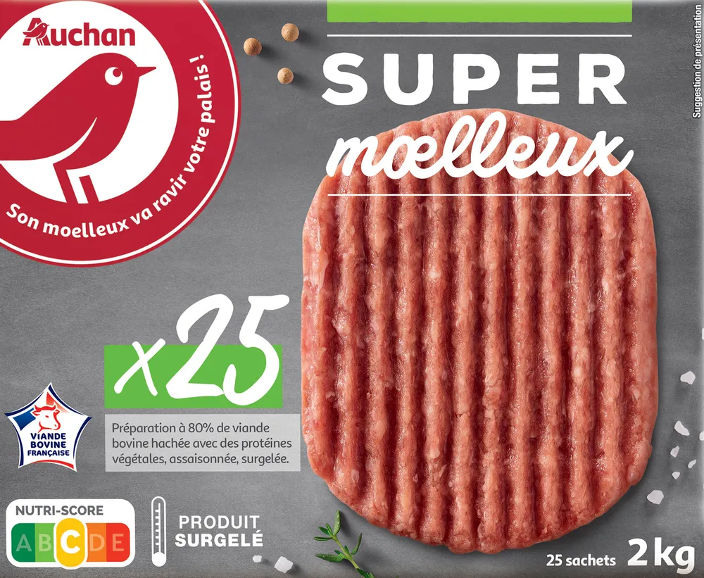 25 Super MoelleuxPréparation à 80% de viande bovine hachée avec protéines végétales, assaisonnée, surgelée