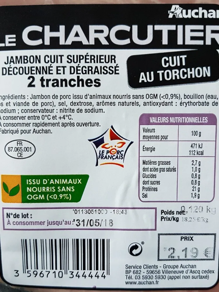 Auchan Jambon Sup.cuit Au Torchon ss Couenne 2 Tranches 120g