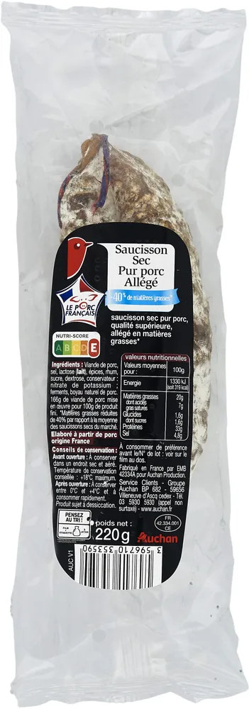 Saucisson sec pur porc allégé-40% de matières grasses*
