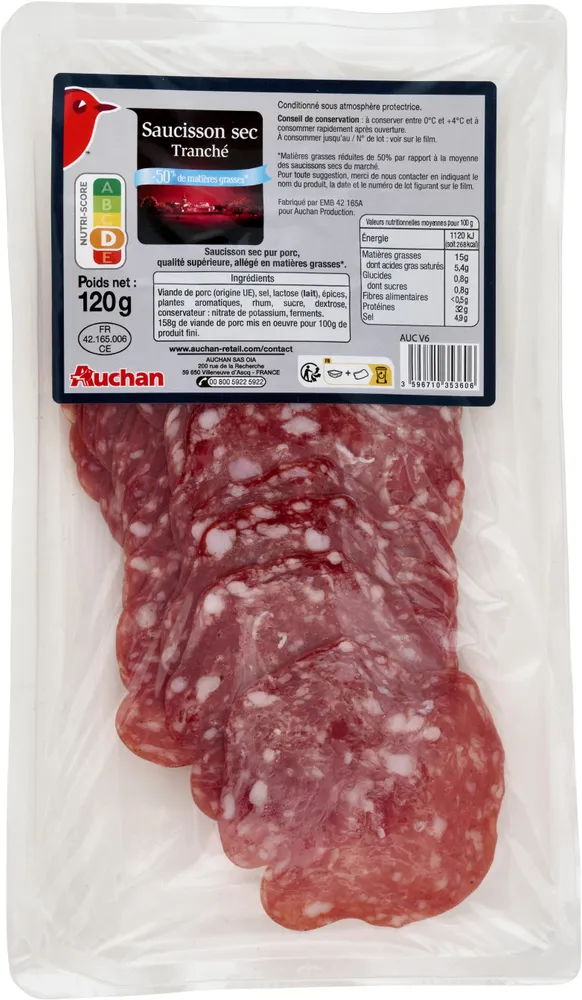 Saucisson sec tranché allégé-50% de matières grasses*