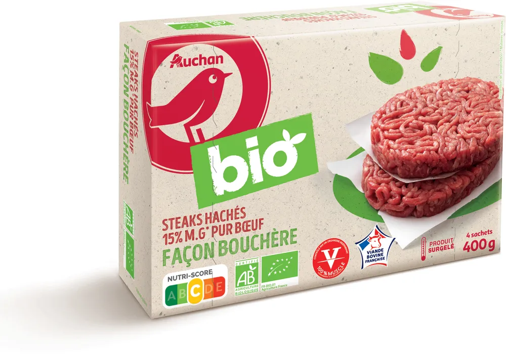 4 Steaks Hachés pur bœuf, façon bouchère, issus de l'agriculture biologique