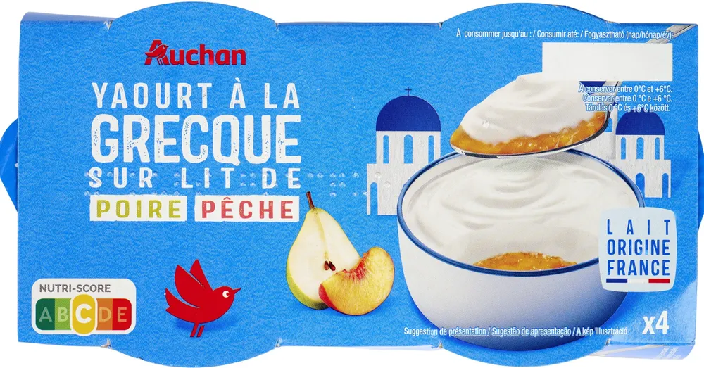 Yaourt à la grecque sur lit de fruitsPêche - Poire