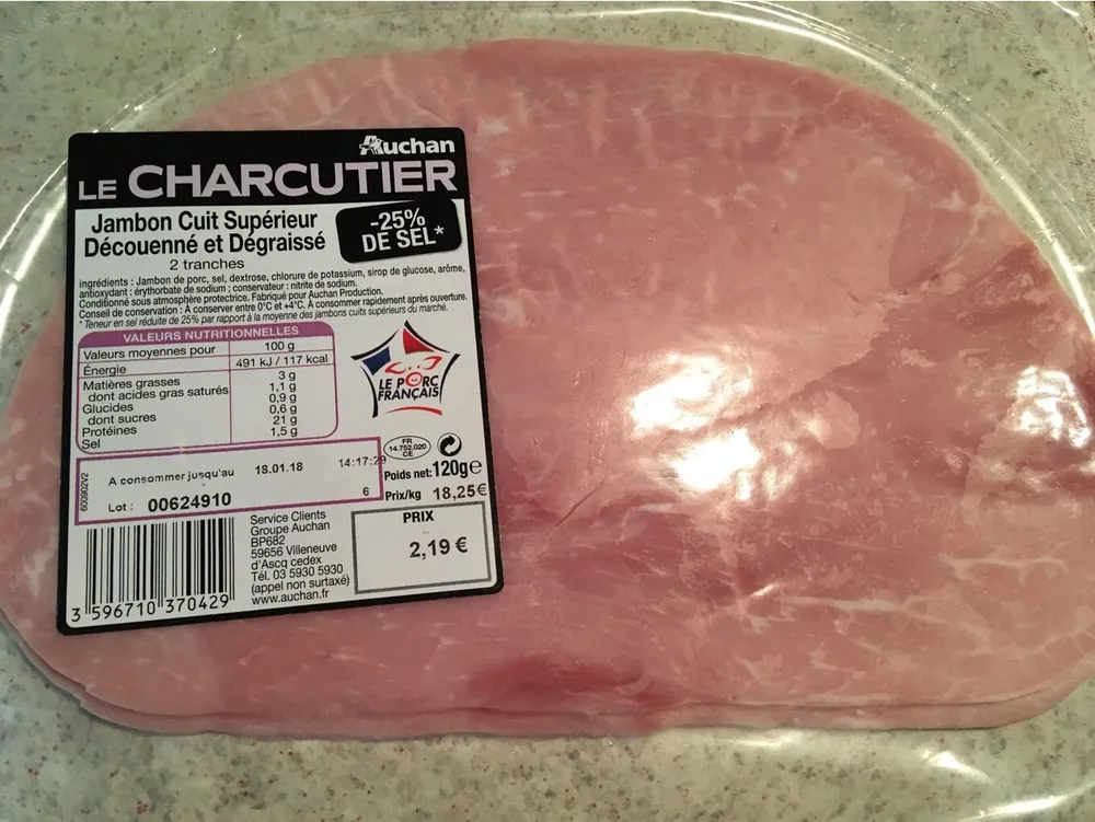 Jambon cuit supérieur découenné et dégraissé