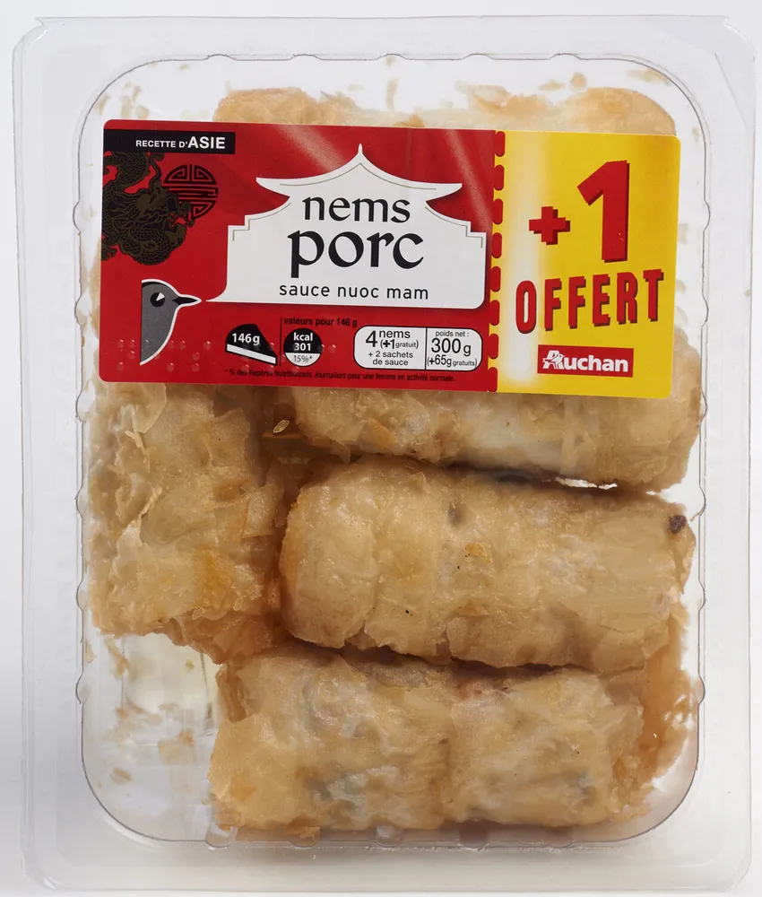 RECETTE D'ASIE4 nems au porc (+1 gratuit) avec sauce nuoc mamPICTO : 4 nems (+1 gratuit) + 2 sachets de sauce