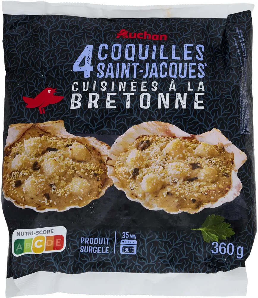 4 coquilles Saint-Jacques* cuisinées à la bretonne surgeléesOrigines : *Zygochlamys patagonica, origine Argentine (A)Ou Chlamys opercularis, Origine Ecosse (B) /Irlande (C) /France (D) /Royaume Uni (E