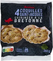 4 coquilles Saint-Jacques* cuisinées à la bretonne surgeléesOrigines : *Zygochlamys patagonica, origine Argentine (A)Ou Chlamys opercularis, Origine Ecosse (B) /Irlande (C) /France (D) /Royaume Uni (E