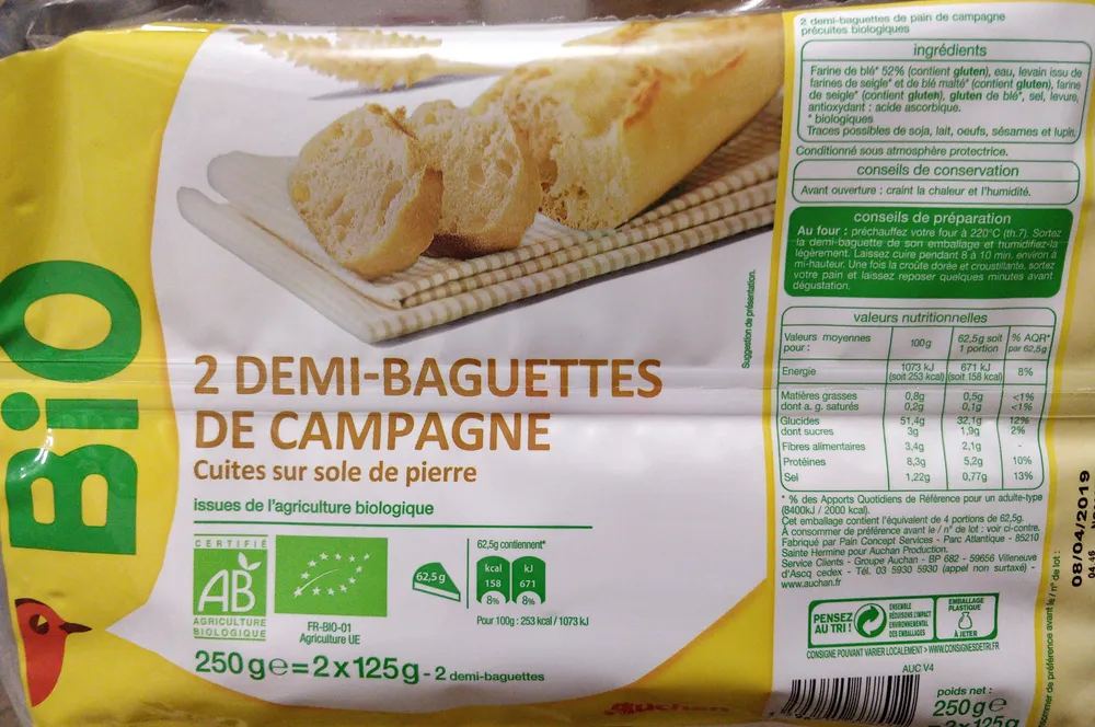 Demi-baguettes de campagne précuites sur sole de pierre