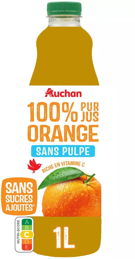 100% Pur jusOrangesans pulpeRiche en vitamine CSans sucres ajoutés** Comme tous les jus de fruits. Contient les sucres naturellement présents dans les fruits.