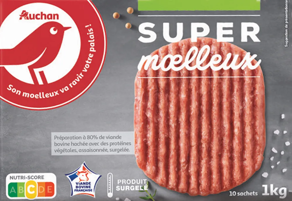10 Super MoelleuxPréparation à 80% de viande bovine hachée avec protéines végétales, assaisonnée, surgelée