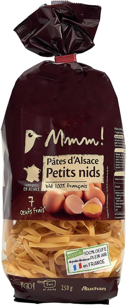 Pâtes d'Alsace aux 7 oeufs frais au kilo de semoule de blé dur Coquillettes, Petits Nids, Papillons, Spaetzle, Spaghetti, Torsades, blé 100% français