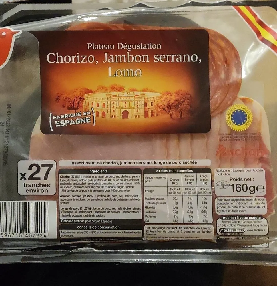 Plateau dégustation : chorizo, jambon Serrano, lomo(Fabriqué en Espagne)