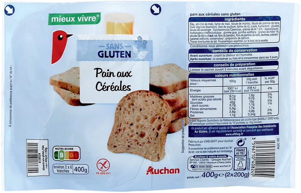 Pain Céréales sans gluten Mieux Vivre Sans Gluten 2x200 g