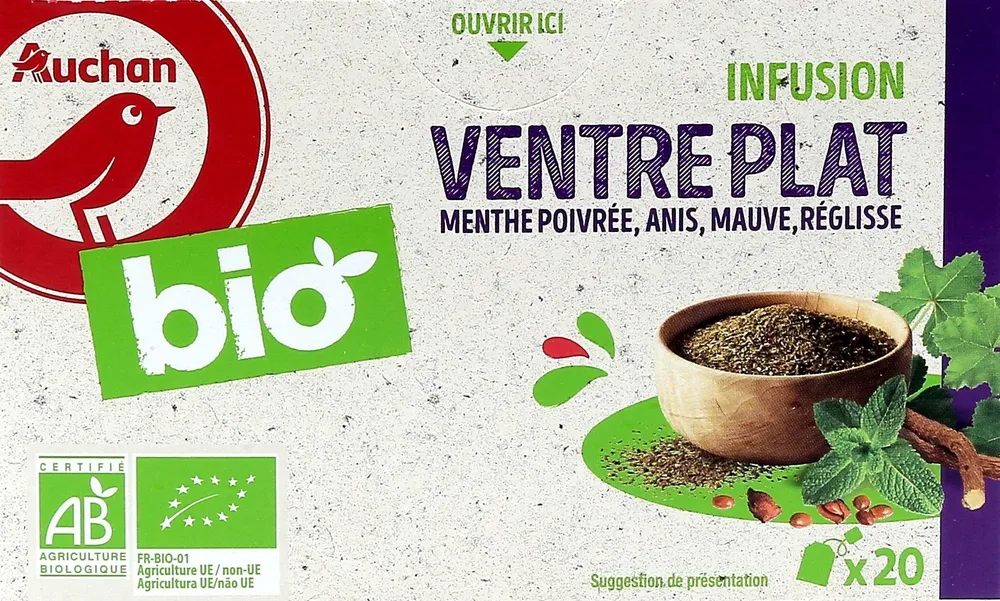 Infusion Ventre plat menthe poivrée anis mauve réglisse BIO - 30g AUCHAN issu de l'agriculture biologique