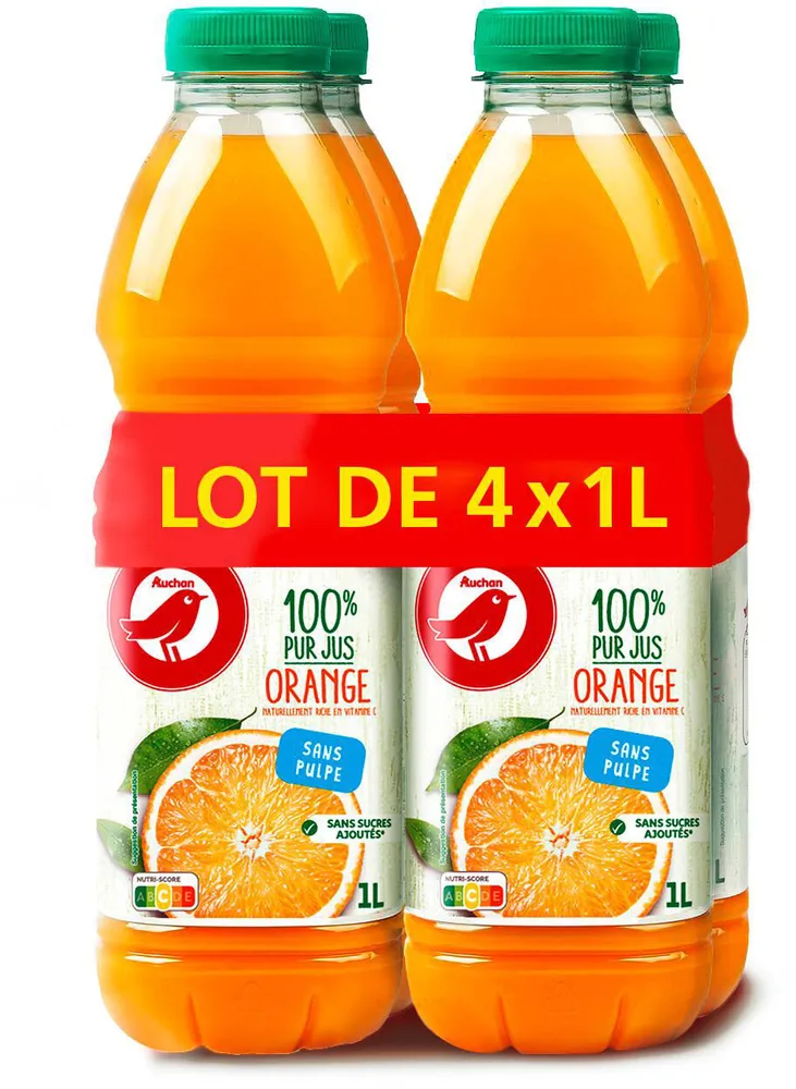 100% Pur jusOrangesans pulpeRiche en vitamine CSans sucres ajoutés** Comme tous les jus de fruits. Contient les sucres naturellement présents dans les fruits.