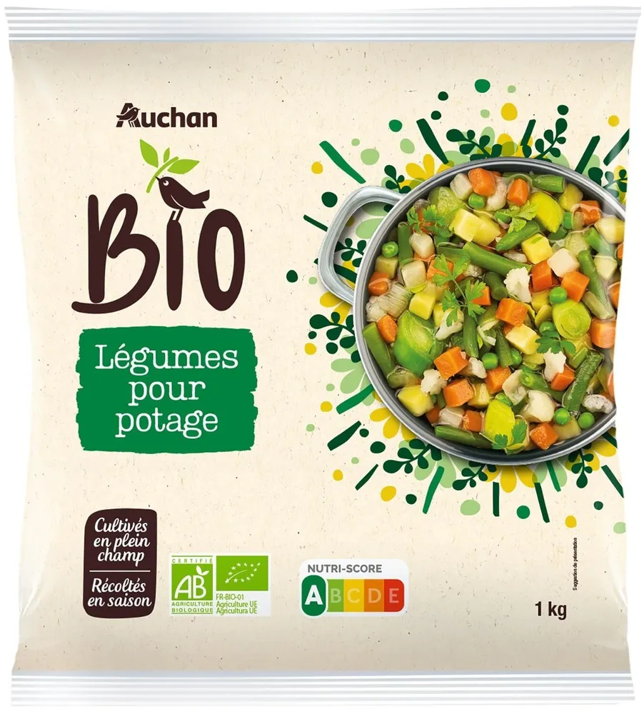 Légumes pour potage Biocarottes, haricots verts, poireaux émincés, pommes de terre, choux-fleurs, petits pois, céleris, oignons