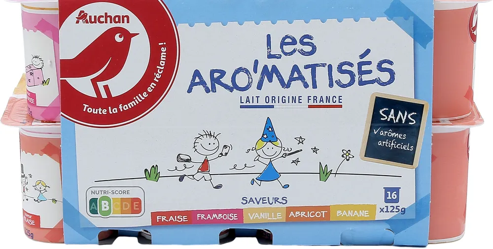 LES AROMATISES SANS arome artificiel Saveurs :Fraise / Framboise / Abricot / Banane / VanillePicto : Lait Origine France