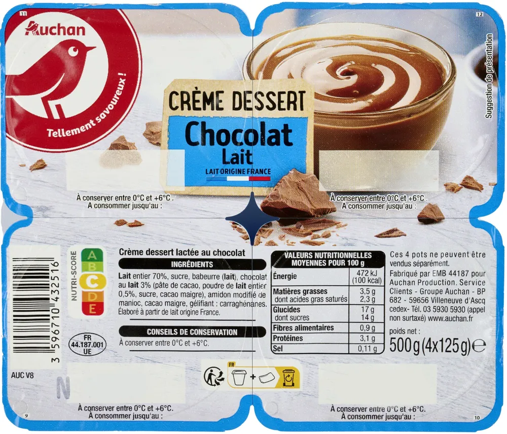 AUCHAN Crème dessert Chocolat lait