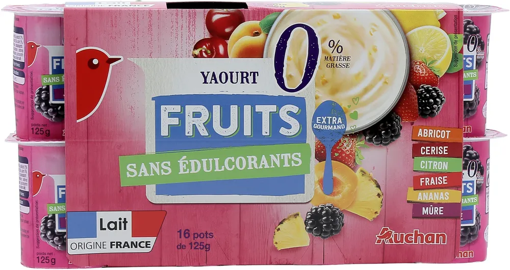 Yaourt fruits sans édulcorants 0 % matière grasse extra gourmand, lait origine France, saveur abricot, cerise, citron, fraise, ananas et mûre x16