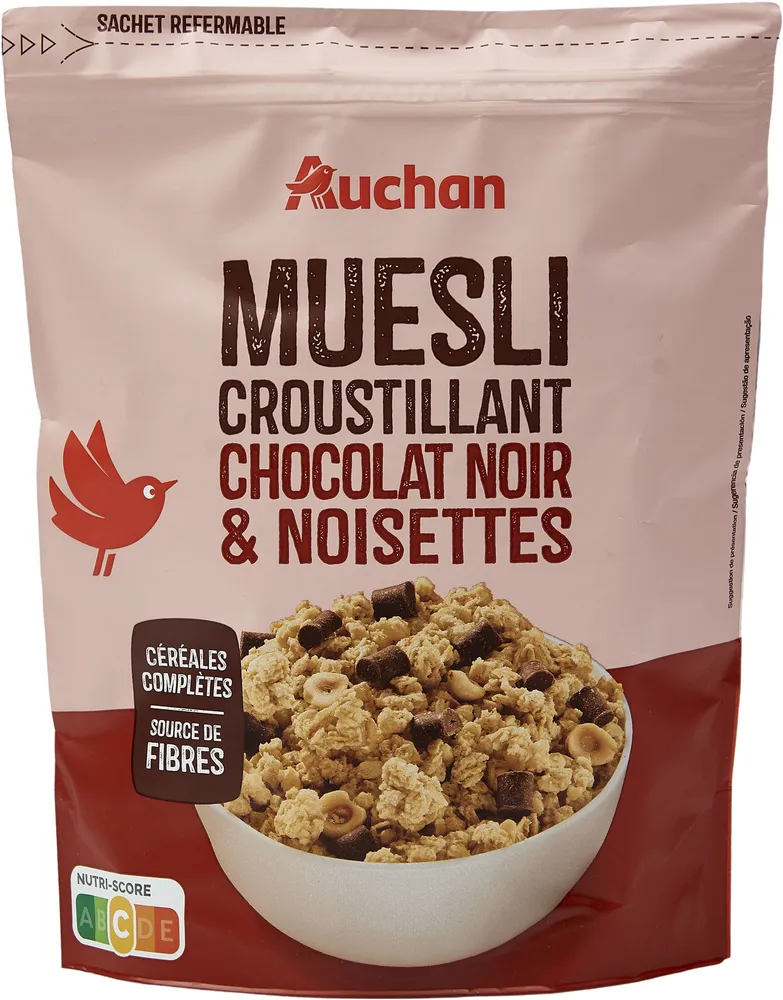 Auchan muesli croustillant chocolat noir et noisettes 450g