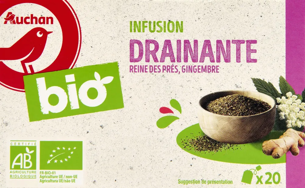 AUCHAN BIO Infusion DrainanteREINE DES PRES, FEUILLES DE FRAMBOISIER, GINGEMBRE