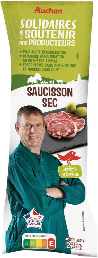 Saucisson sec, fabriqué à partir de porcs élevés sans antibiotiques dès la naissance.