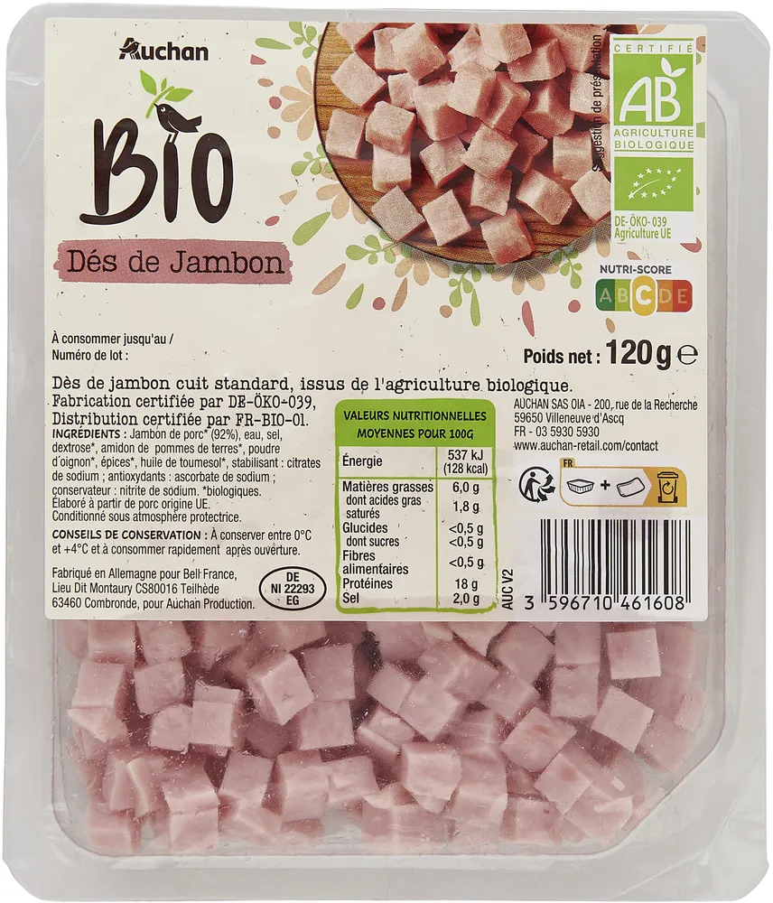 Dés de jambon, issu de l'agriculture biologique