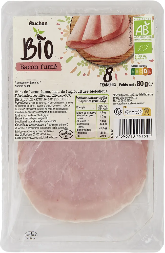 Bacon fumé en tranches issu de l'agriculture biologique