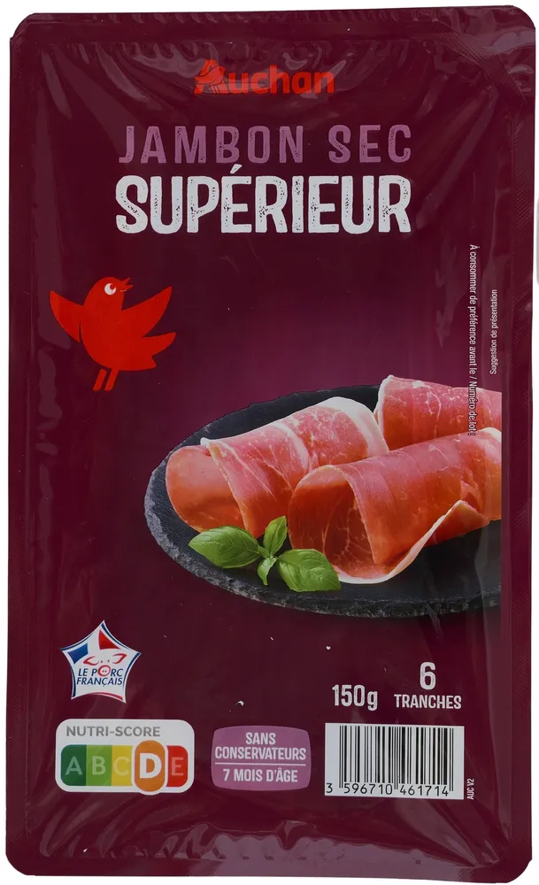 Jambon sec supérieur Auchan, sans conservateur, 7 mois d'âge