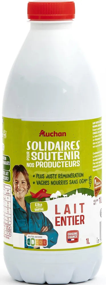 LAIT ENTIERSOLIDAIRES POUR SOUTENIR NOS PRODUCTEURS*Plus juste rémunération*Vaches nourries sans OGM* -* <0.9%1L