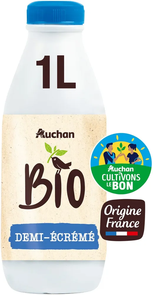 Auchan BioLAIT DEMI ECREMEORIGINE FRANCE SOLIDAIRES POUR SOUTENIR NOS PRODUCTEURSFilière responsable1L
