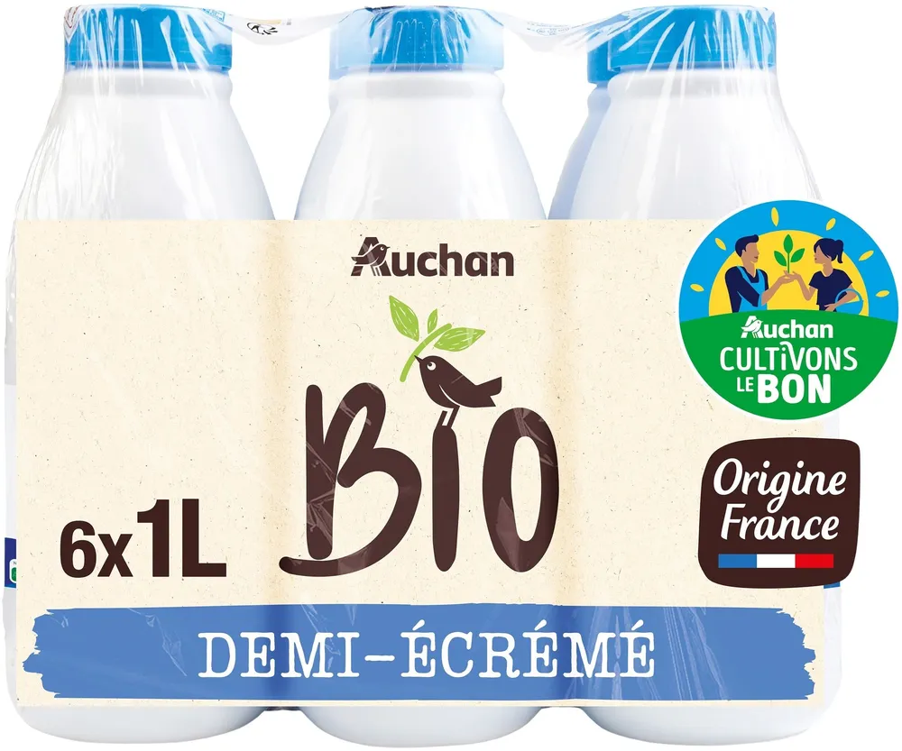 Auchan BioLAIT DEMI ECREMEORIGINE FRANCE SOLIDAIRES POUR SOUTENIR NOS PRODUCTEURSFilière responsable6x1L