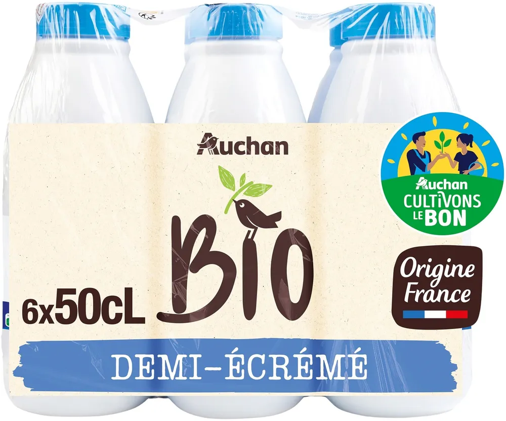 Auchan BioLAIT DEMI ECREMEORIGINE FRANCE SOLIDAIRES POUR SOUTENIR NOS PRODUCTEURSFilière responsable6x 50 cL