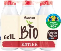 AUCHAN BIO LAIT ENTIER origine France SOLIDAIRES POUR SOUTENIR NOS PRODUCTEURS6x1L