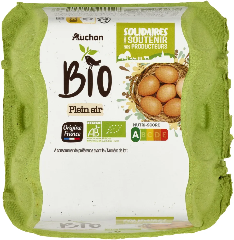BIO*OEUFS PLEIN AIRSOLIDAIRES pour soutenir nos producteurs*issus de l'agriculture biologiqueLogo ABLogo Européen (feuille étoilée) / Agriculture France ou FR- BIO-10Logo AB* Conformément au mode de p