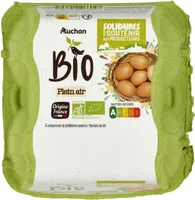 BIO*OEUFS PLEIN AIRSOLIDAIRES pour soutenir nos producteurs*issus de l'agriculture biologiqueLogo ABLogo Européen (feuille étoilée) / Agriculture France ou FR- BIO-10Logo AB* Conformément au mode de p