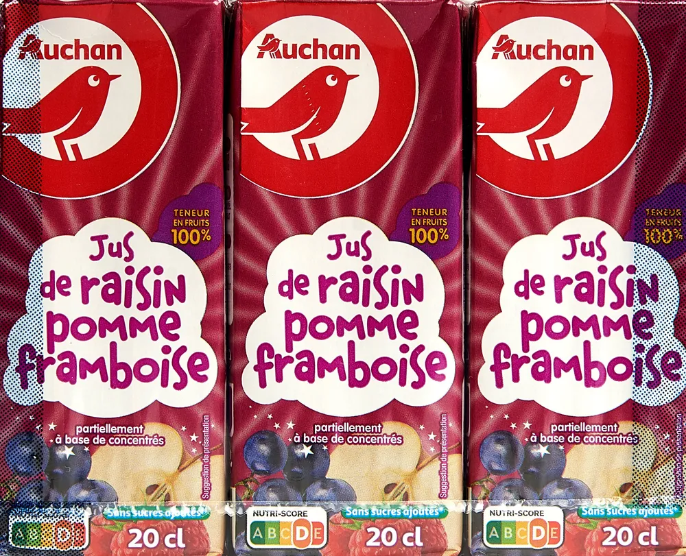 Jus raisin pomme framboise partiellement à base de concentrés