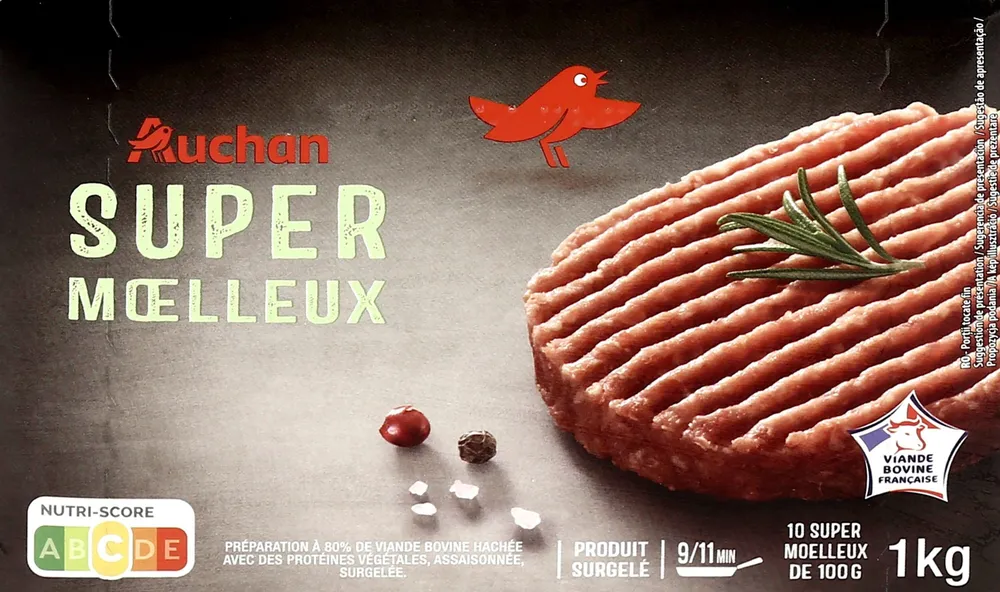 Super moelleux préparation à 80% de viande bovine hachée avec des protéines végétales, assaisonnée, surgelée