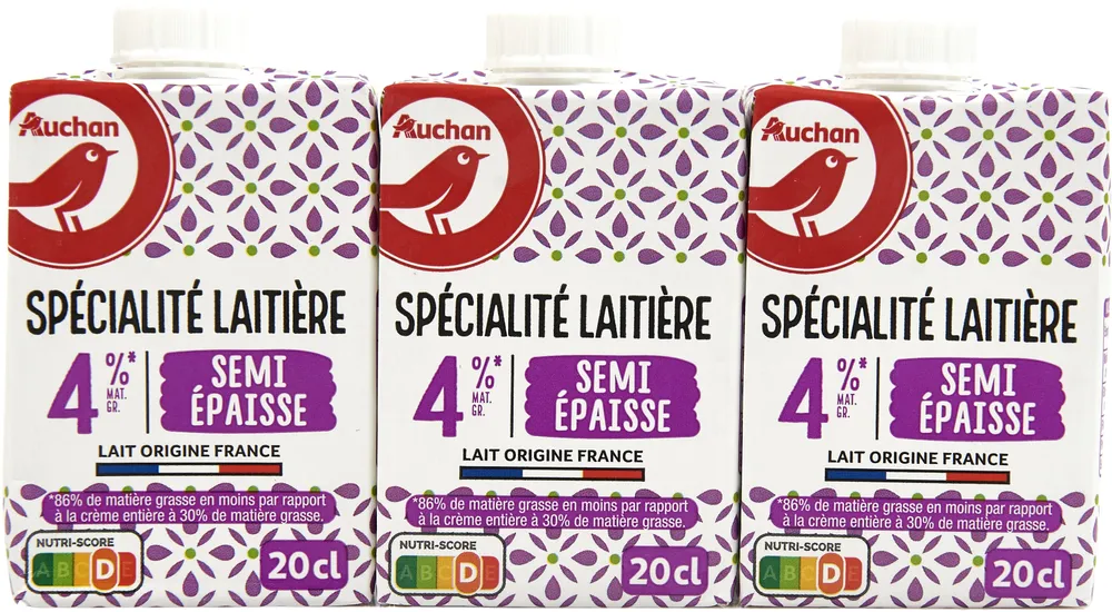 Spécialité laitière4%* MAT. GR.SEMI-ÉPAISSE*86% de matière grasse en moins par rapport à la crème entière à 30% de matière grasse