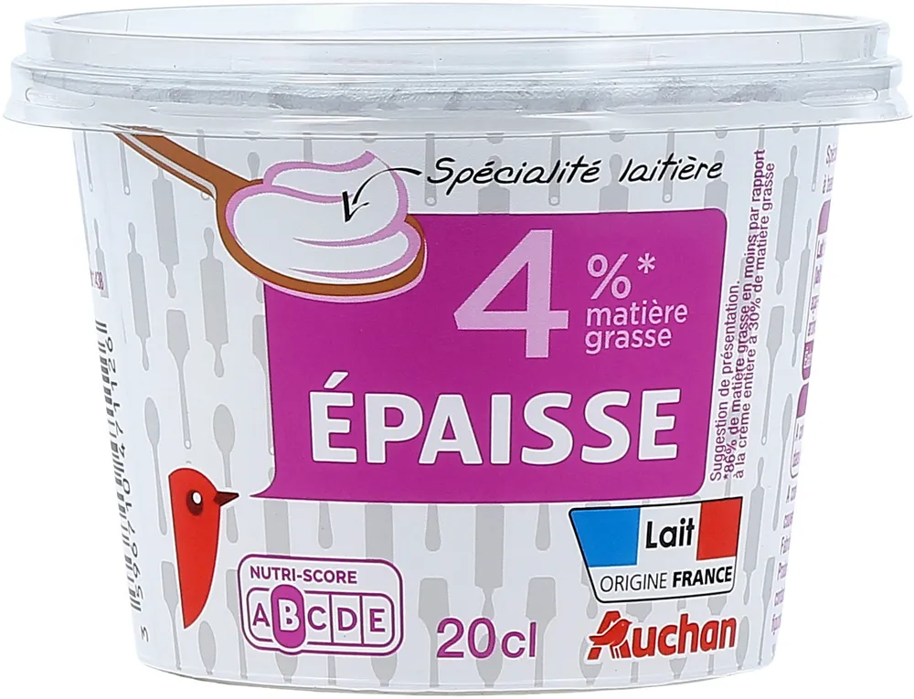 Spécialité laitière ÉPAISSE4%* Mat. Gr.*86% de matière grasse en moins par rapport à la crème entière à 30% de matière grasse