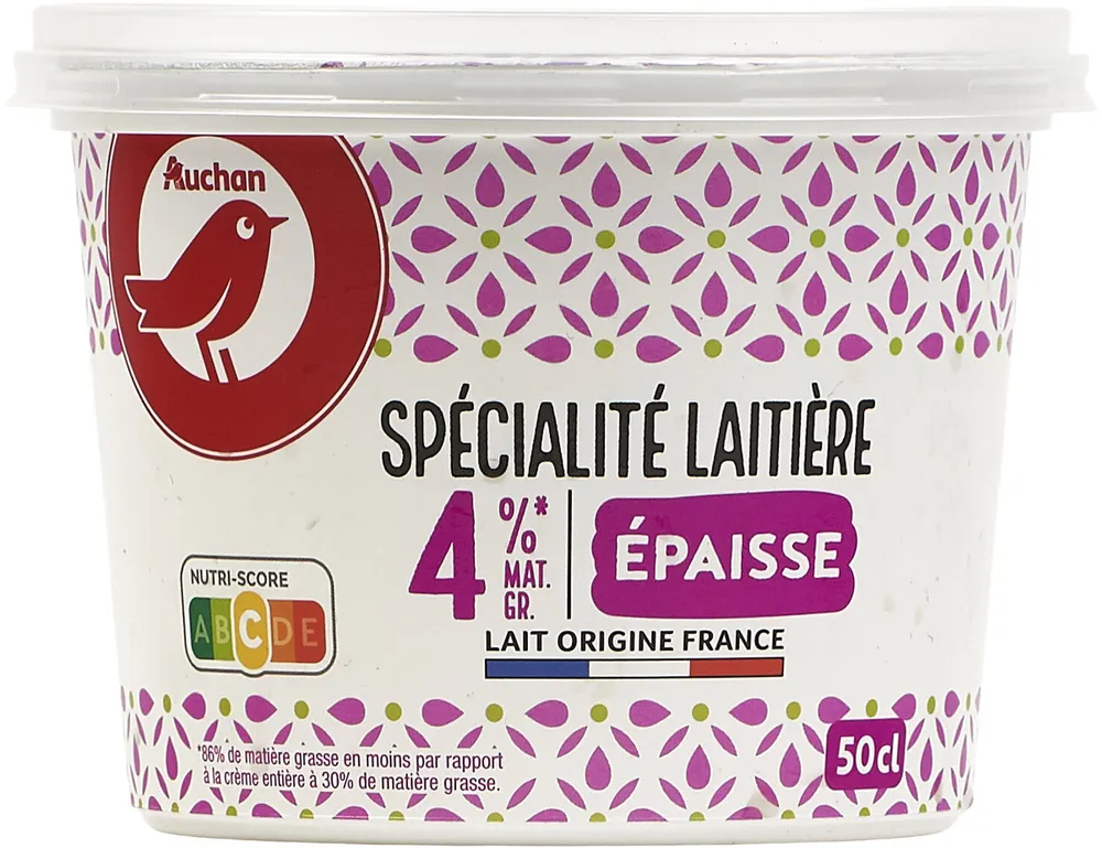 Spécialité laitière ÉPAISSE4%* Mat. Gr.*86% de matière grasse en moins par rapport à la crème entière à 30% de matière grasse