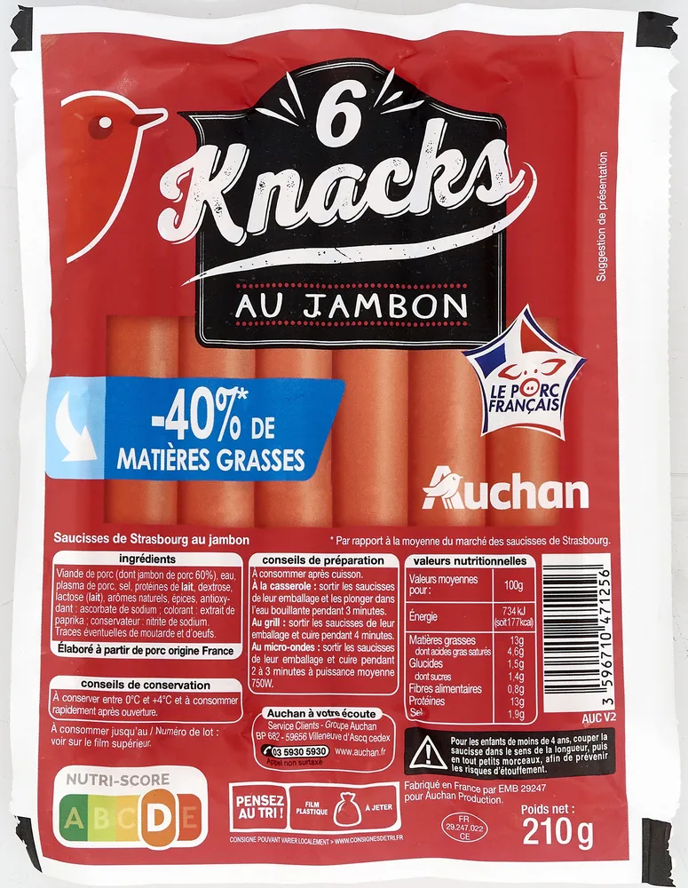 Knacks au jambon- 50%* de matières grasses* par rapport à la moyenne du marché des saucisses de Strasbourg