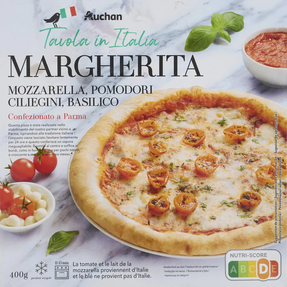 Pizza Margheritamozzarella, tomates cerise, basilicLa tomate et le lait de la mozzarella proviennent d'Italie et le blé ne provient pas d'Italie.