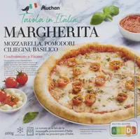 Pizza Margheritamozzarella, tomates cerise, basilicLa tomate et le lait de la mozzarella proviennent d'Italie et le blé ne provient pas d'Italie.