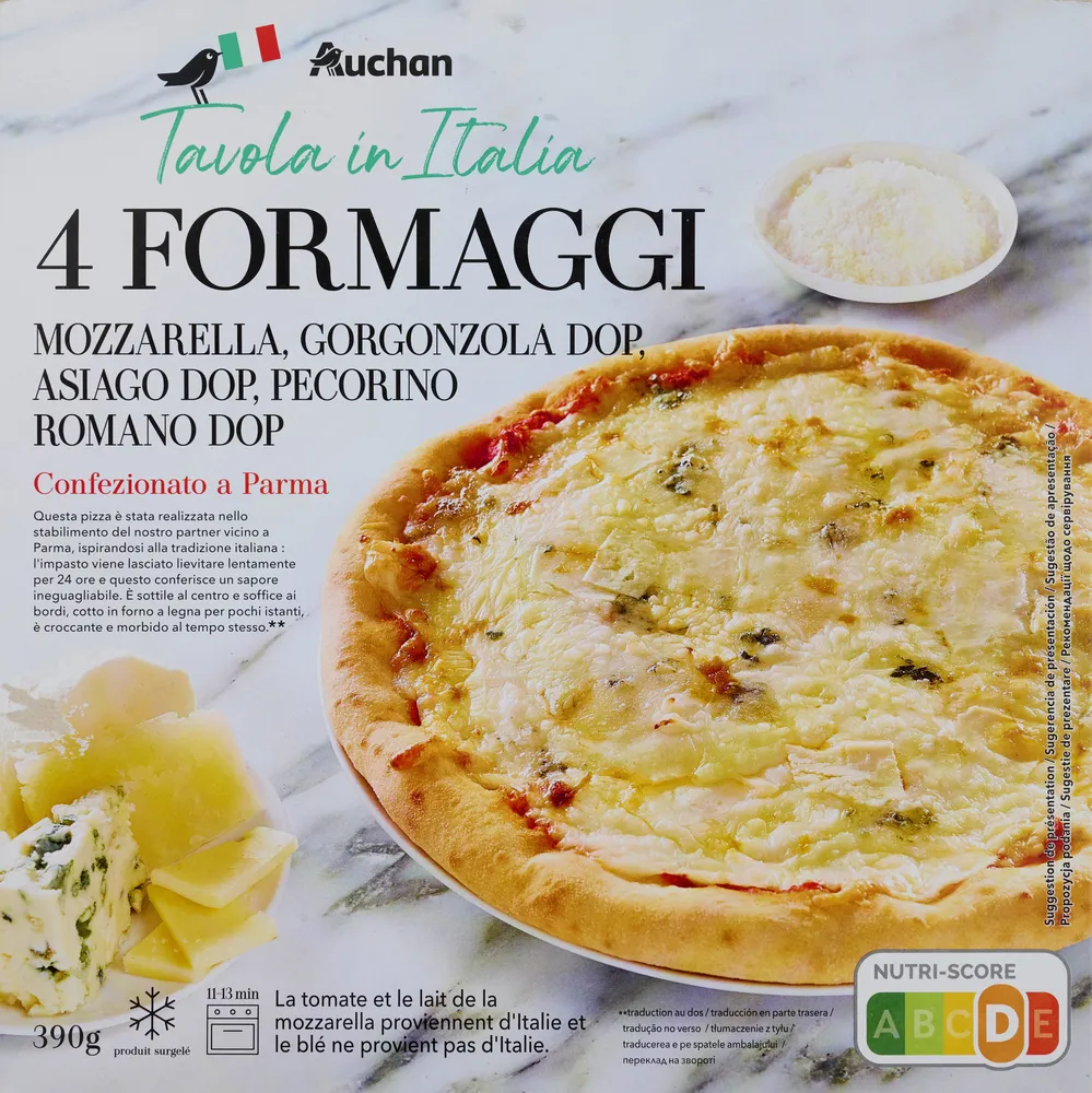 Pizza 4 formaggimozzarella, gorgonzola AOP, Asiago AOP, Pecorino Romano AOPLa tomate et le lait de la mozzarella proviennent d'Italie et le blé ne provient pas d'Italie.